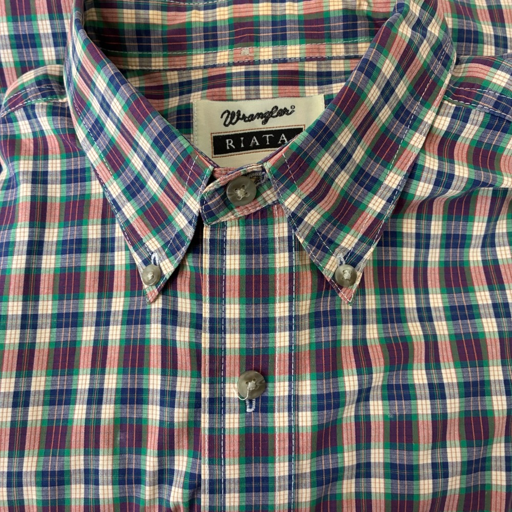 Wrangler Riata Mens Plaid Button Down Shirt Green Blue Red Long Sleeve Large